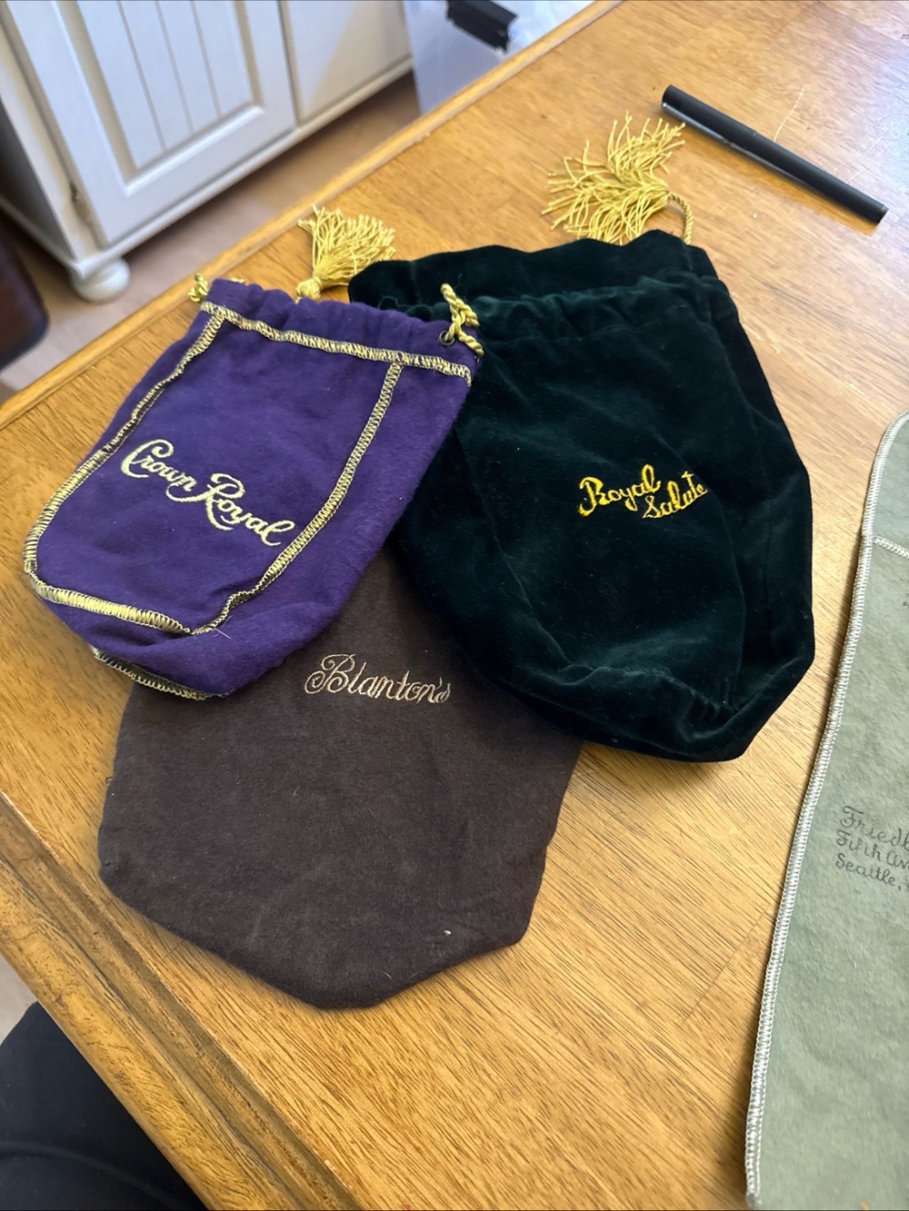 Crown Royal & Blanton's Velvet Drawstring Pouches - Purple, Green, Brown